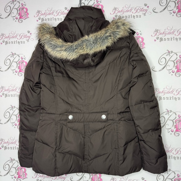 Espirit jacket coat down feather filled brown waist cinch inside button up fur - Picture 7 of 12
